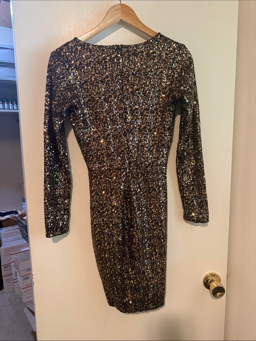 Dress the Population Bronze Sequin Long Sleeve V-Neck Dress - Picture 4 of 5